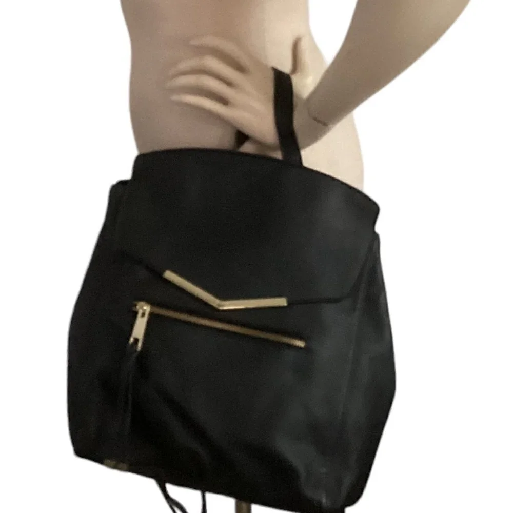 Black Backpack Purse Pebbled Vegan PU Faux Leather Lightweight Gold Accents 154A